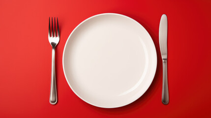 Red heart on a white plate with a fork and knife on the side, set against a vibrant red background, symbolizing a romantic dining concept.