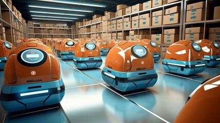 Efficient fleet of agile robots navigating warehouse labyrinth, transporting packages - obrazy, fototapety, plakaty