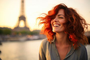Joyful Middle-Aged Woman in Parisian Sunset Glow - obrazy, fototapety, plakaty