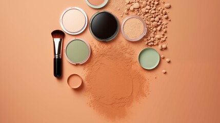 Face powders and other makeup products on beige background