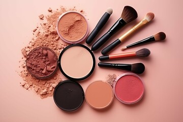 Face powders and other makeup products on pinkbackground