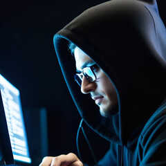 A hacker or a hooded crook hacks into a computer using malware to hack into devices.