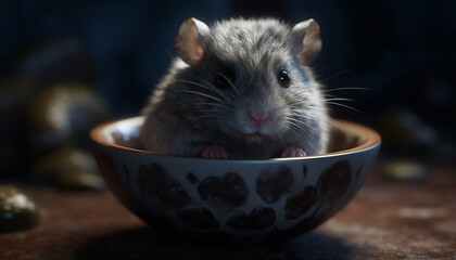 Fluffy small rodent eating meal in front of camera indoors generated by AI