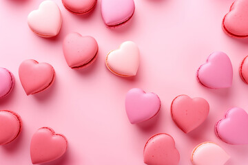 Heart shaped macarons cookies on pink, Valentine's Day love card