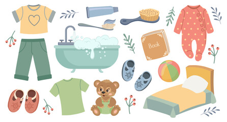 Children's routine. Baby clothes, toys, hygiene items and a crib for a baby shower. Cute collection in cartoon style, vector