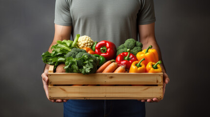 Farmer holding a wooden crate filled with an assortment of colorful fresh vegetables