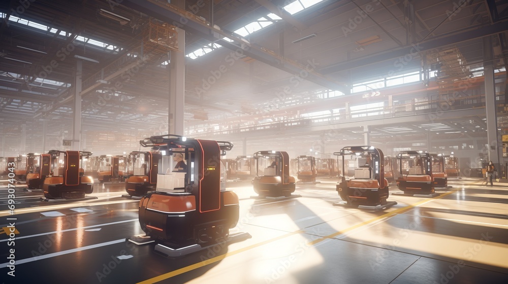 Poster advanced robotic forklifts optimizing warehouse operations with smart sensors and software