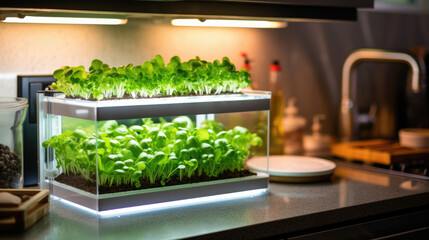 Greens grow in hydroponics, modern technology. Sprouts