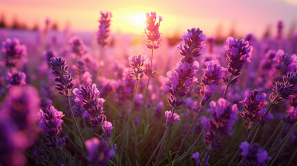 Lavender Grows In Field, Selling Flowers For Essential Oil. sunset