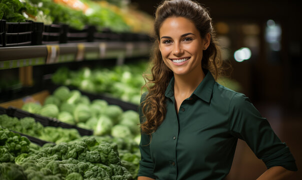 Portrait of handsome smiling woman shop worker standing in supermarket. Young female food store assistant vegetable and fruit retailer. Grocery store manager.