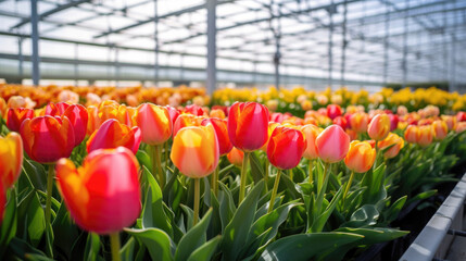 Flowers Tulips in a greenhouse, modern business and private entrepreneurship, a gift for a holiday. Orange