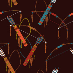 Editable Vector of Native American Archery Tools Illustration in Various Colors as Seamless Pattern With Dark Background for Traditional Culture and History Related Design