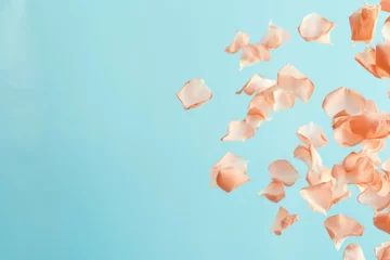 Poster peach fuzz color sakura falling petals on blue background romantic illustration  © Werckmeister