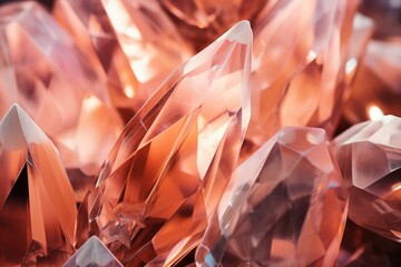 Abstract crystal background in peach fuzz colors with refracting of light and highlights on the facets - obrazy, fototapety, plakaty