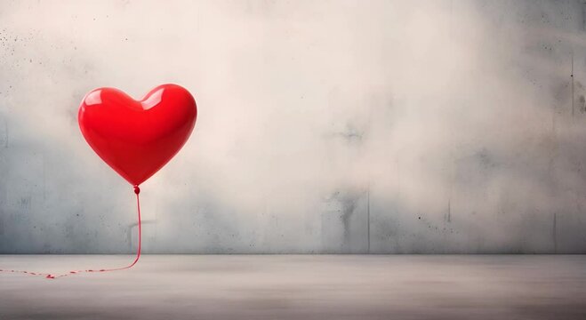 A red heart-shaped balloon tied to a cracked wall on the street. The concept of Valentine's Day. Generative AI