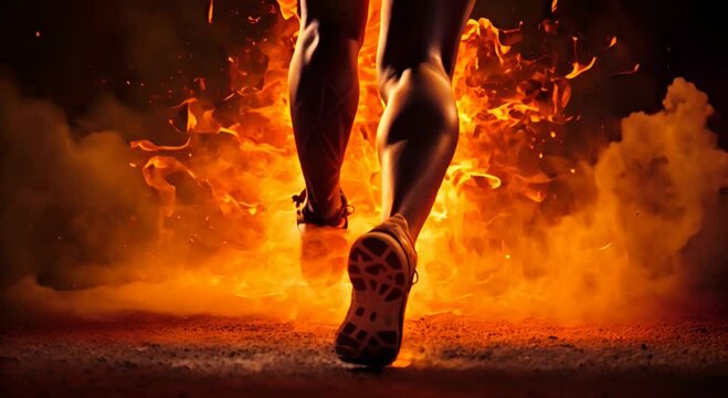 Running legs of an athlete on a track, surrounded by bright flames, emphasizing speed and power. Generative AI
