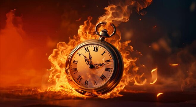 Pocket watch in fire and smoke, creating a sense of burnt time against a dark background. Generative AI