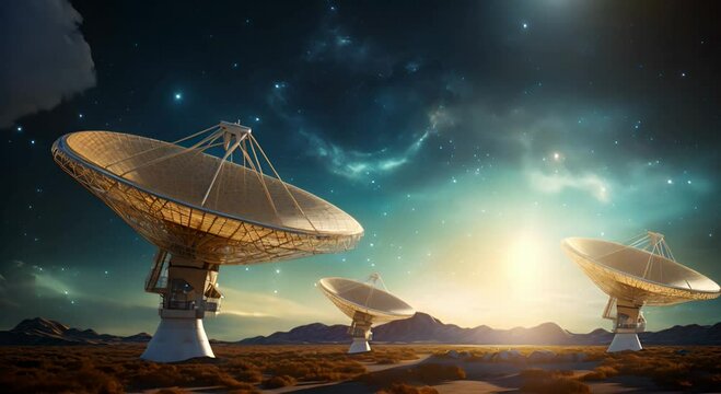 Radio telescopes pointed skyward against a backdrop of stars and galaxies, symbolizing the search for extraterrestrial intelligence. Generative AI
