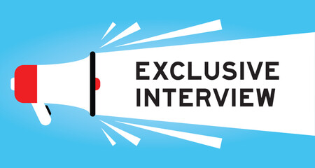 Color megaphone icon with word exclusive interview in white banner on blue background