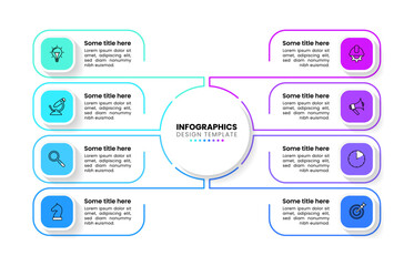 Infographic template. 8 rectangles with icons connected to the center