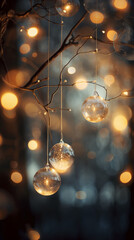 Decorative Glass Orbs Hanging with a Soft Glow & Festive Bokeh - Delicate Orbs Emitting a Warm Glow, Offset by Bokeh Lights - Festive & Elegant Indoor Ambiance