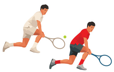 Two figures of a Japanese male tennis player in a red and white uniform hitting a ball crouching down