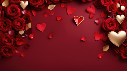 Red roses and various heart-shaped decorations on a red background, symbolizing love and affection.