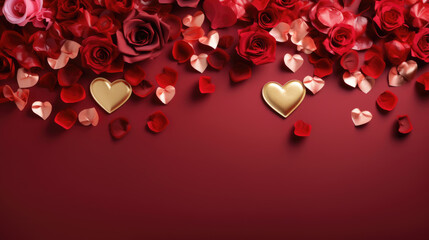 Red roses and various heart-shaped decorations on a red background, symbolizing love and affection.