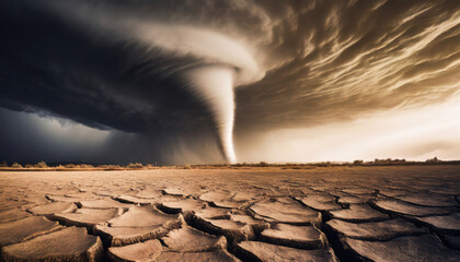 Big tornado storm above the desolate land. Dry cracked ground field and weather disasters caused by the global climate change. Environmental problem concept - obrazy, fototapety, plakaty
