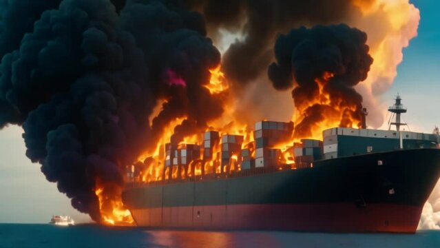 the transport ship caught fire at sea