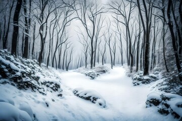 A winding path disappearing into a snowy forest horizon
