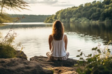 Fototapeta premium Back view of a brunette woman sitting near lake on the shore. Digital detox concept