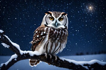 A solitary owl perched on a snow-covered branch under a starry sky