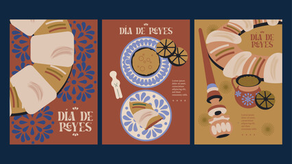 Conjunto de tarjetas postales, póster, invitación, posadas navideñas. Día de Reyes y Navidad en México y España. 6 de Enero, rosca de Reyes,  chocolate caliente, tamales, corona, carta reyes magos