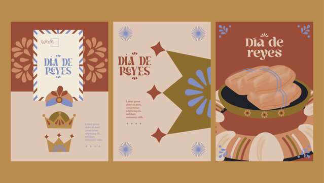 Conjunto De Tarjetas Postales, Póster, Invitación, Posadas Navideñas. Día De Reyes Y Navidad En México Y España. 6 De Enero, Rosca De Reyes,  Chocolate Caliente, Tamales, Corona, Carta Reyes Magos