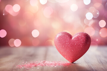 Pink shiny heart, glitter with defocused bokeh lights, Love and Valentine's day background or card