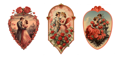 Set of vintage antique style Valentine's day greetings with cute lovers, red roses and hearts isolated on transparent background, png file