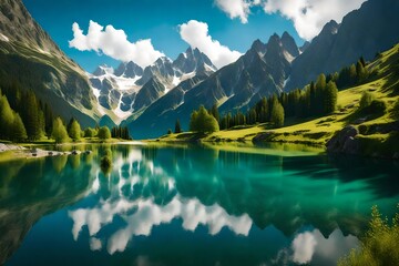 Fototapeta na wymiar Idyllic summer landscape with clear mountain lake in the Alps