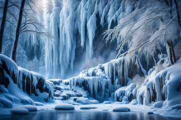 A mystical winter scene with a shimmering frozen waterfall