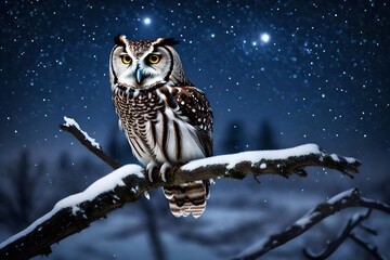 A solitary owl perched on a snow-covered branch under a starry sky