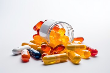 Closeup of colorful pills and capsules in pharmaceutical packaging, representing medicine, healthcare, and treatment options.