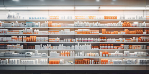 Colorful shelves in a beauty store, offering a variety of skincare and cosmetic products for sale in a stylish and organized interior.