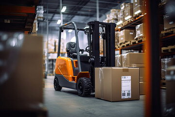 Busy industrial warehouse with forklifts, trucks, and workers efficiently managing transportation, distribution, and storage operations. - Powered by Adobe