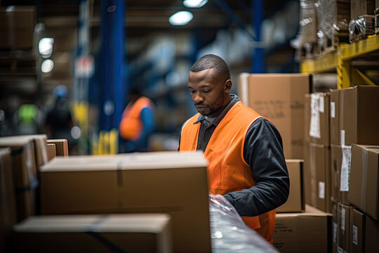 Serious black man in a warehouse managing shipping logistics, wearing reflective vest for safety, overseeing distribution operations.