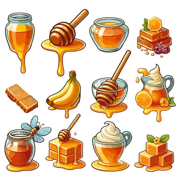 Set of vector illustrations of honey . Honey set. Honeycombs, bee, honey in glass jar, wooden honey dipper, jar of  honey  on white background. 