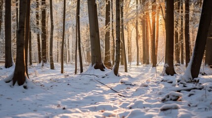 Beautiful winter sunset in magic forest with trees in the snow at twilight