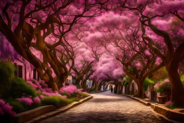 A picturesque walk under pink myrtle trees in bloom, a cobblestone path winding through