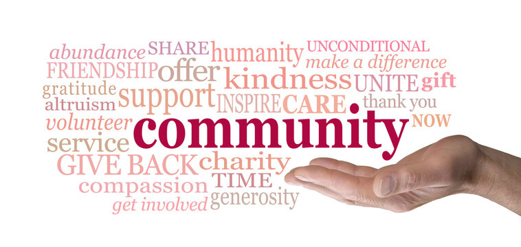 Your community needs you word cloud  -  male open palm hand with  the word COMMUNITY floating above surrounded by a relevant word cloud against a white background
