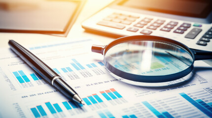 High angle view of financial documents with graphs and tables, a magnifying glass inspecting the details - Powered by Adobe