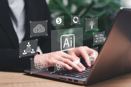 Business technology AI Artificial Intelligence concept, Businesswomen use laptops and AI technology manage new ideas for business work, financial data, Modern business growth, Human resource manage